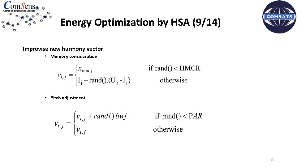 Energy Optimization by HSA (9/14) Improvise new harmony vector • Memory consideration • Pitch