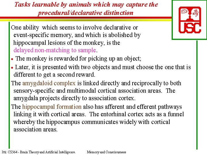 Tasks learnable by animals which may capture the procedural/declarative distinction One ability which seems