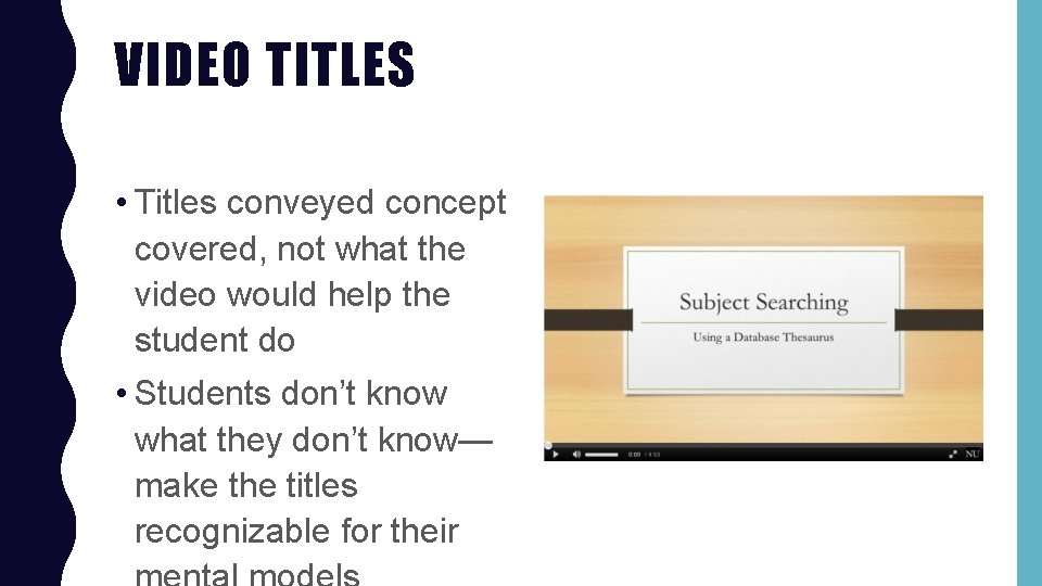 VIDEO TITLES • Titles conveyed concept covered, not what the video would help the