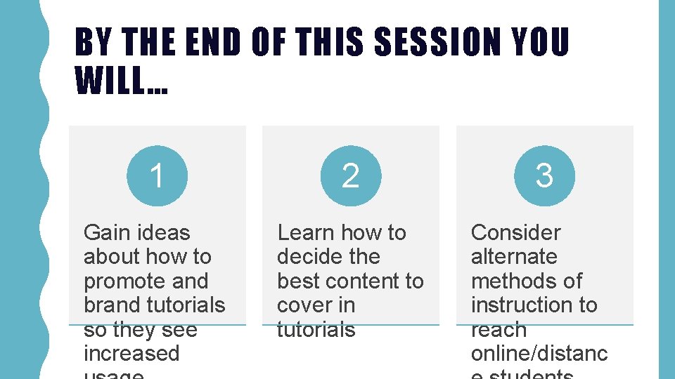 BY THE END OF THIS SESSION YOU WILL… 1 2 3 Gain ideas about