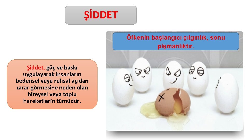 ŞİDDET Öfkenin başlangıcı çılgınlık, sonu pişmanlıktır. Şiddet, güç ve baskı uygulayarak insanların bedensel veya