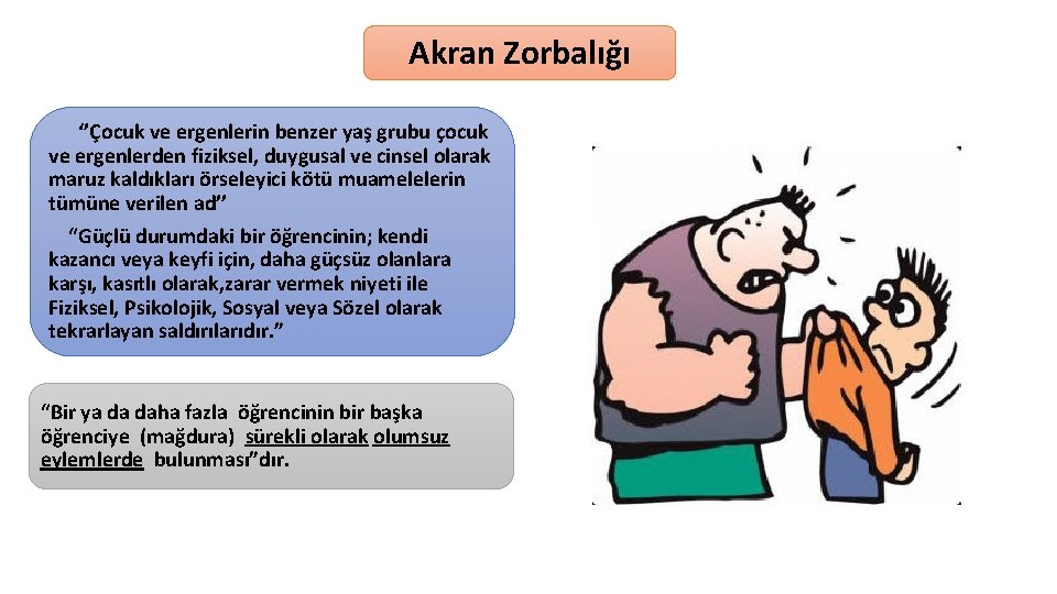 Akran Zorbalığı ‘’Çocuk ve ergenlerin benzer yaş grubu çocuk ve ergenlerden fiziksel, duygusal ve