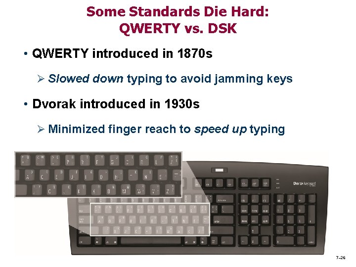 Some Standards Die Hard: QWERTY vs. DSK • QWERTY introduced in 1870 s Ø