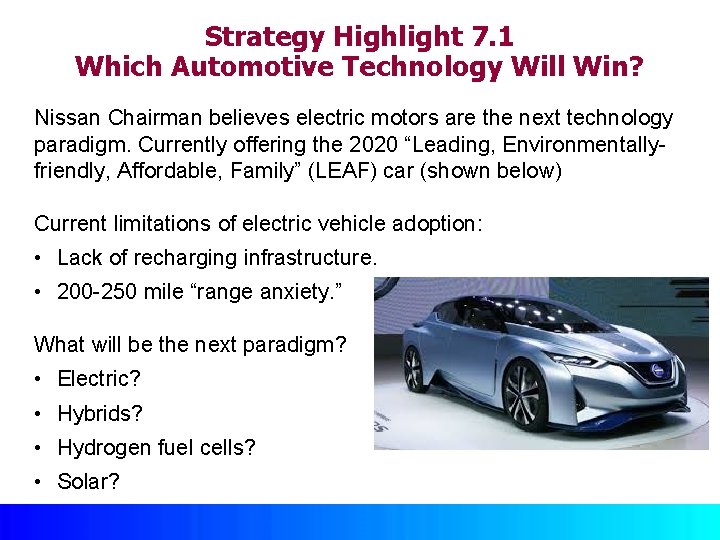 Strategy Highlight 7. 1 Which Automotive Technology Will Win? Nissan Chairman believes electric motors