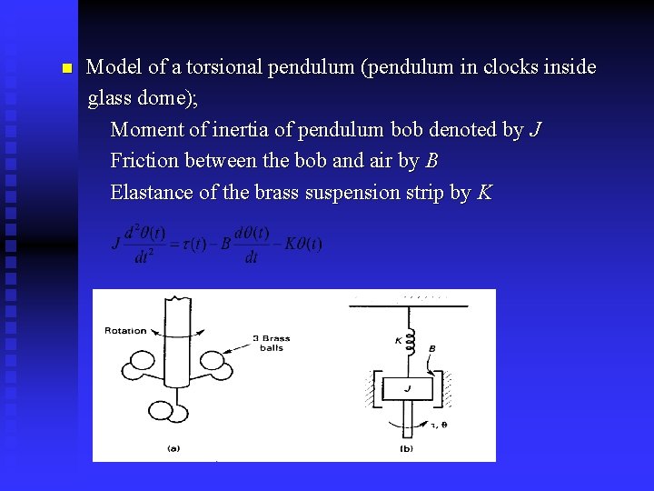 n Model of a torsional pendulum (pendulum in clocks inside glass dome); Moment of