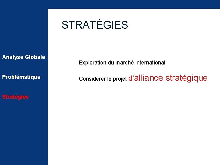 STRATÉGIES Analyse Globale Problématique Stratégies Exploration du marché international Considérer le projet d’alliance stratégique