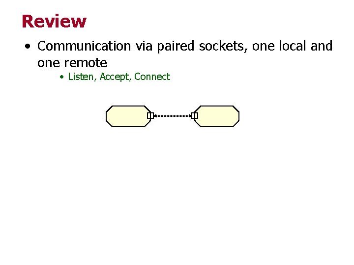 Review • Communication via paired sockets, one local and one remote • Listen, Accept,