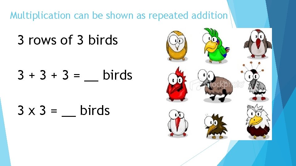 Multiplication can be shown as repeated addition 3 rows of 3 birds 3 +