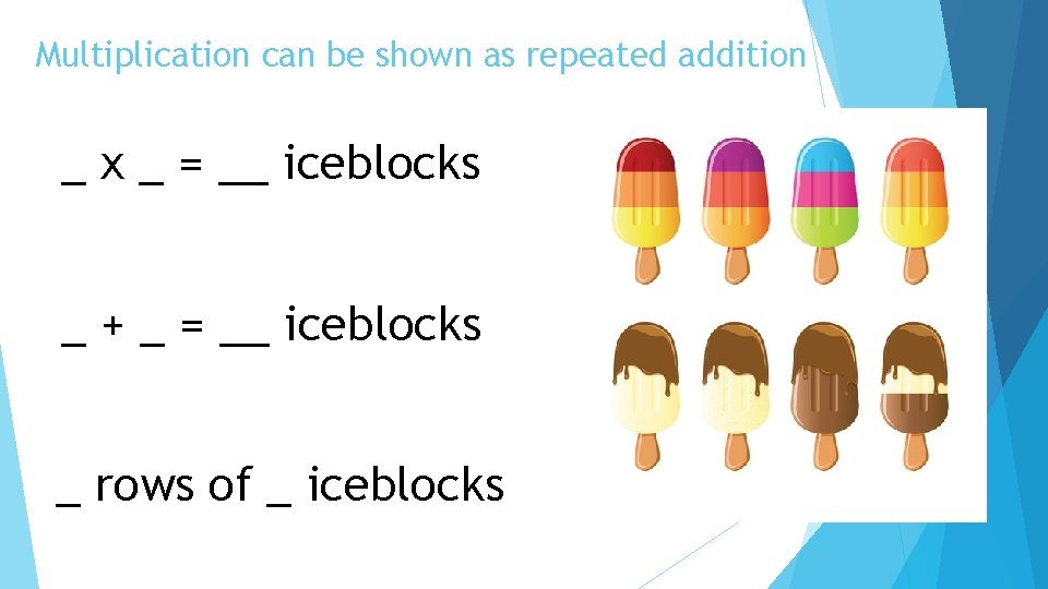 Multiplication can be shown as repeated addition _ x _ = __ iceblocks _
