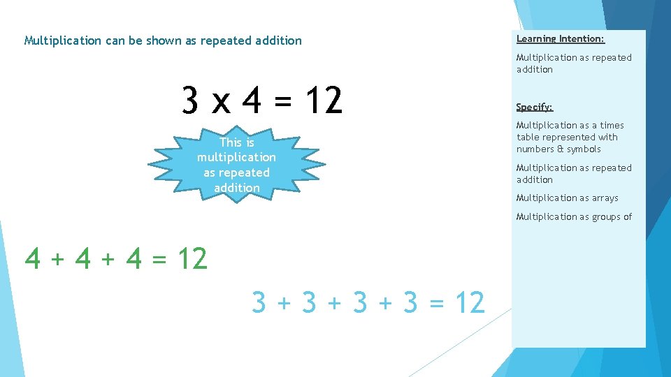 Multiplication can be shown as repeated addition Learning Intention: Multiplication as repeated addition 3