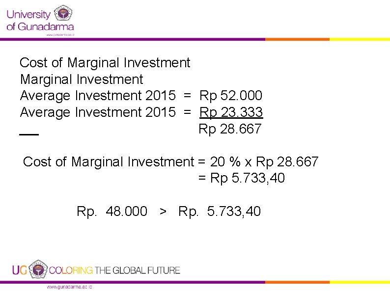 Cost of Marginal Investment Average Investment 2015 = Rp 52. 000 Average Investment 2015