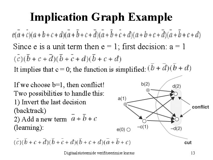 Implication Graph Example Since e is a unit term then e = 1; first