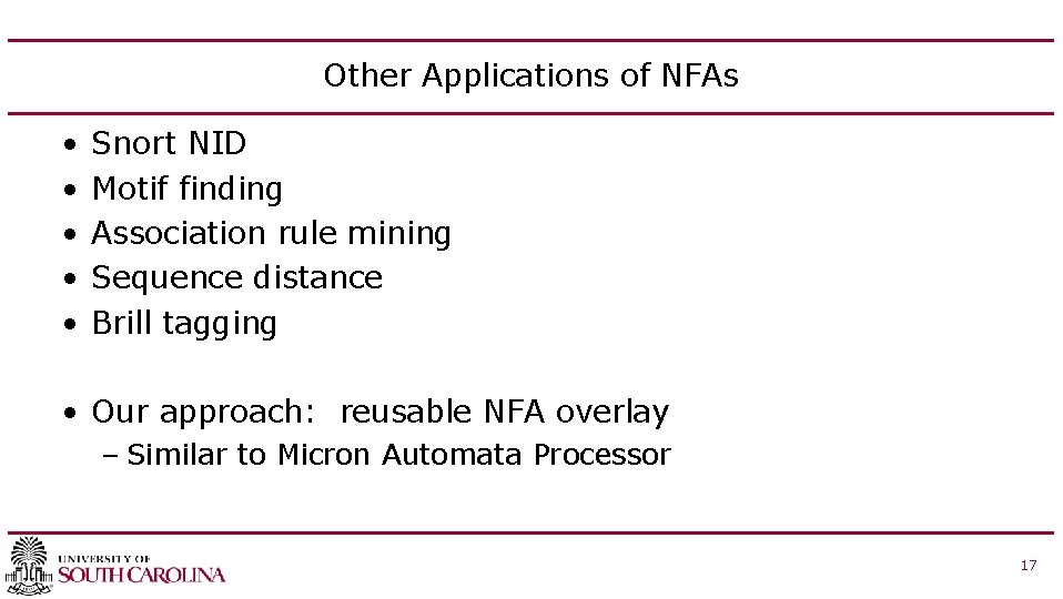 Other Applications of NFAs • • • Snort NID Motif finding Association rule mining