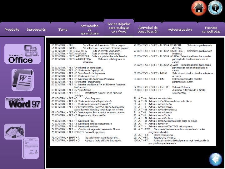 Propósito Introducción Tema Actividades de aprendizaje Teclas Rápidas para trabajar con Word Actividad de