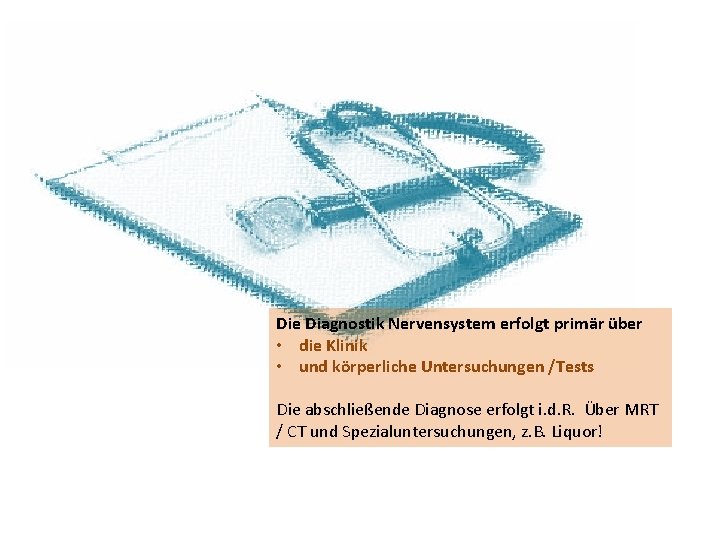 Die Diagnostik Nervensystem erfolgt primär über • die Klinik • und körperliche Untersuchungen /Tests