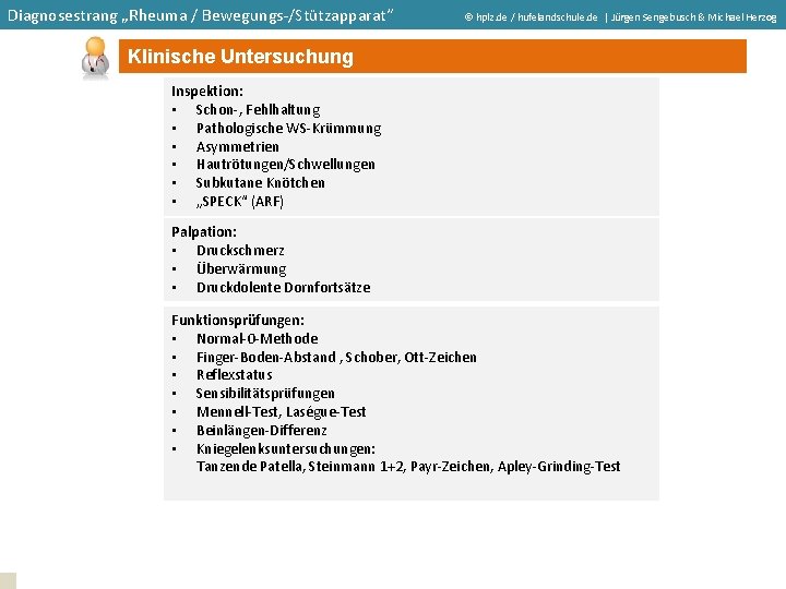 Diagnosestrang „Rheuma / Bewegungs-/Stützapparat“ hplz. de / hufelandschule. de | Jürgen Sengebusch & Michael