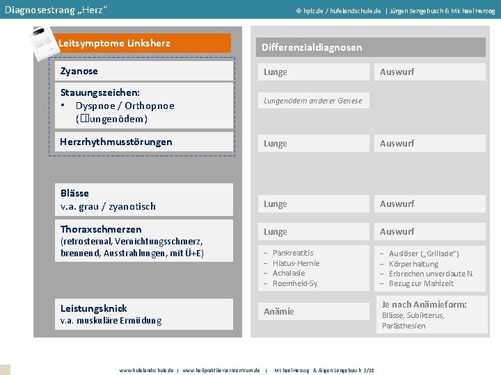 Diagnosestrang „Herz“ hplz. de / hufelandschule. de | Jürgen Sengebusch & Michael Herzog Leitsymptome