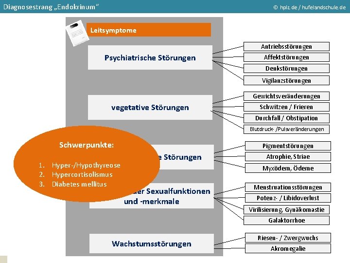 Diagnosestrang „Endokrinum“ hplz. de / hufelandschule. de Leitsymptome Antriebsstörungen Psychiatrische Störungen Affektstörungen Denkstörungen Vigilanzstörungen