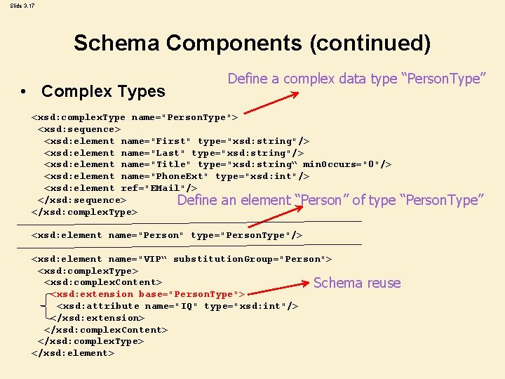 Slide 3. 17 Schema Components (continued) • Complex Types Define a complex data type Slide 3. 17 Schema Components (continued) • Complex Types Define a complex data type