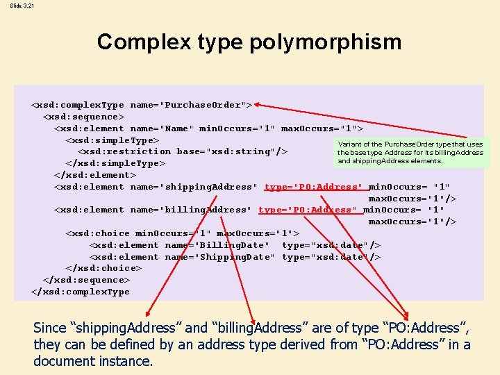 Slide 3. 21 Complex type polymorphism <xsd: complex. Type name="Purchase. Order"> <xsd: sequence> <xsd: Slide 3. 21 Complex type polymorphism <xsd: complex. Type name="Purchase. Order"> <xsd: sequence> <xsd: