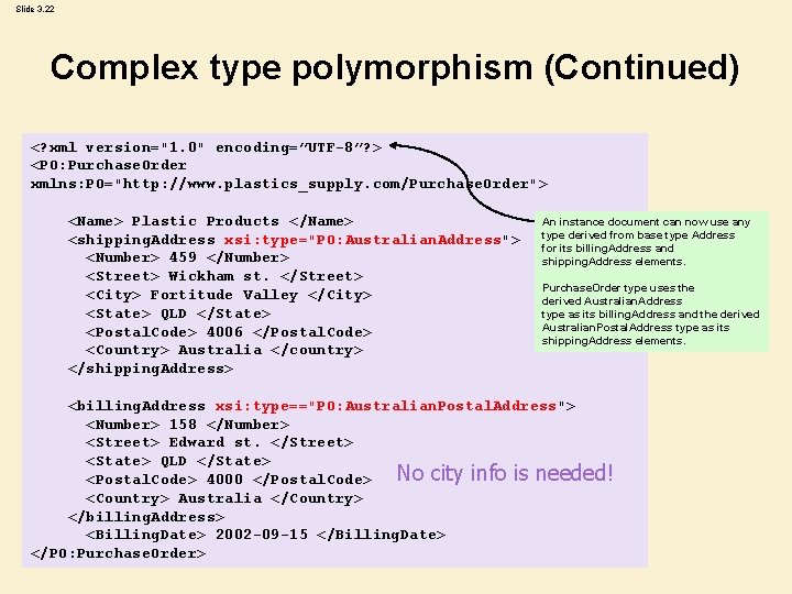 Slide 3. 22 Complex type polymorphism (Continued) <? xml version="1. 0" encoding=”UTF-8”? > <PO: Slide 3. 22 Complex type polymorphism (Continued) <? xml version="1. 0" encoding=”UTF-8”? > <PO: