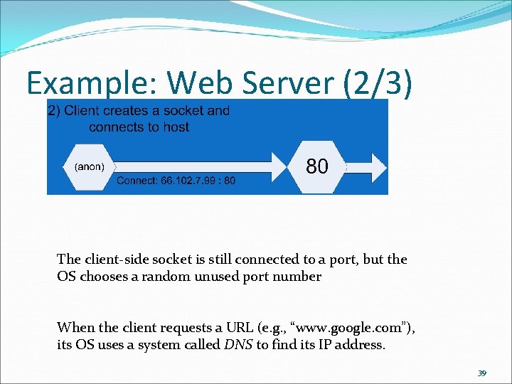 Example: Web Server (2/3) The client-side socket is still connected to a port, but