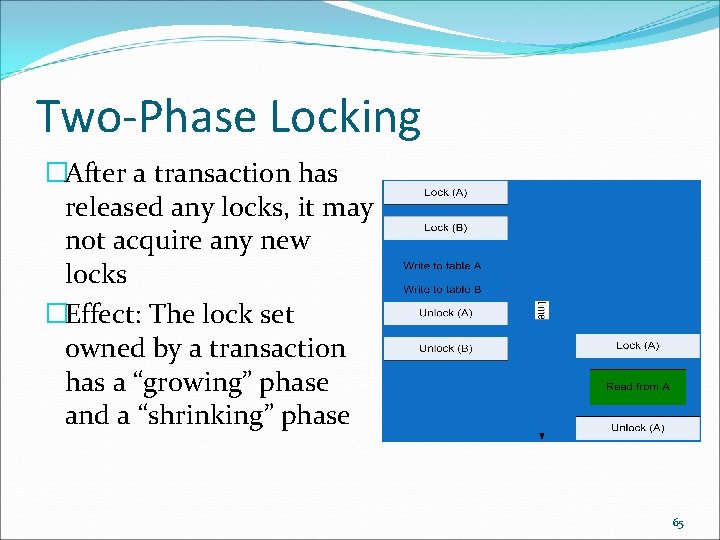Two-Phase Locking �After a transaction has released any locks, it may not acquire any