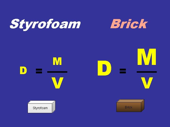 Styrofoam D = Styrofoam M V Brick D = Brick M V 