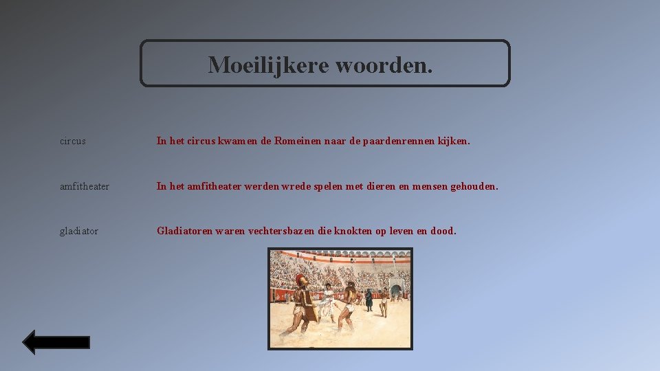 Moeilijkere woorden. circus In het circus kwamen de Romeinen naar de paardenrennen kijken. amfitheater