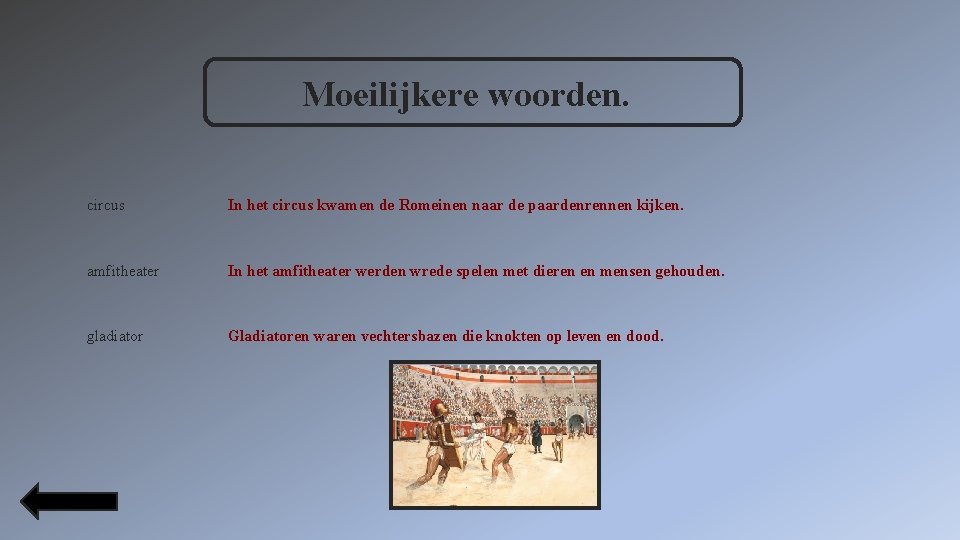 Moeilijkere woorden. circus In het circus kwamen de Romeinen naar de paardenrennen kijken. amfitheater