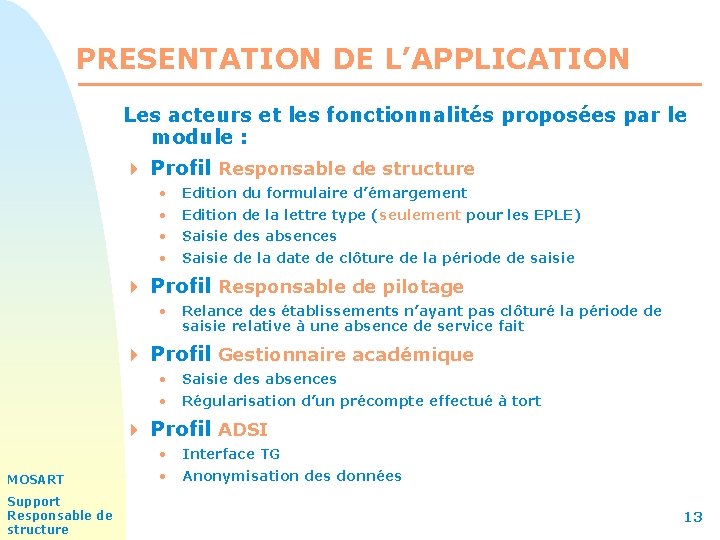 PRESENTATION DE L’APPLICATION Les acteurs et les fonctionnalités proposées par le module : 4