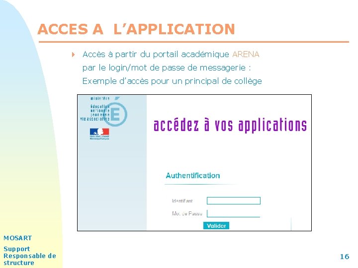 ACCES A L’APPLICATION 4 Accès à partir du portail académique ARENA par le login/mot