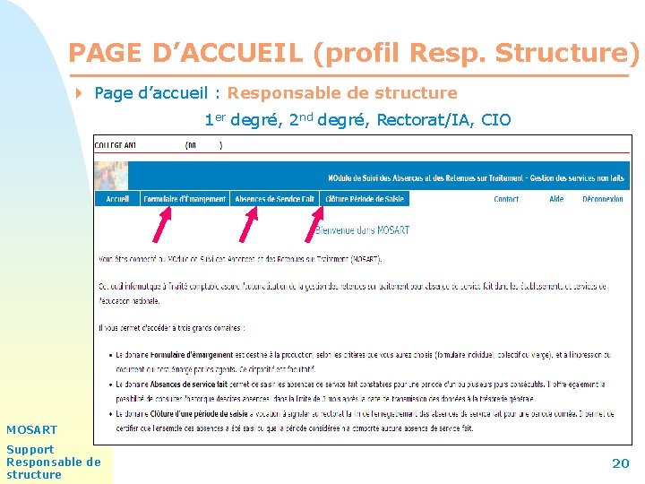 PAGE D’ACCUEIL (profil Resp. Structure) 4 Page d’accueil : Responsable de structure 1 er