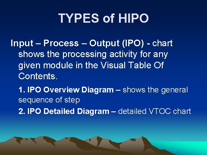 TYPES of HIPO Input – Process – Output (IPO) - chart shows the processing