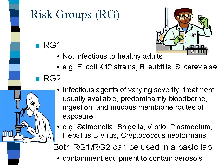 Risk Groups (RG) n RG 1 • Not infectious to healthy adults • e.