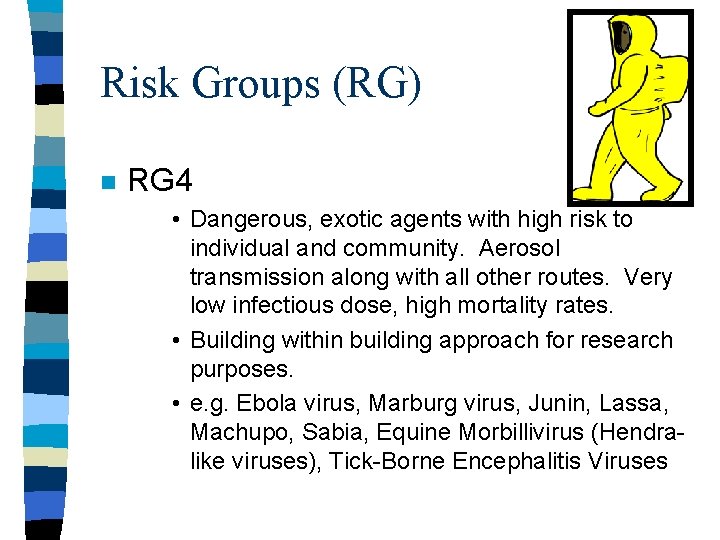 Risk Groups (RG) n RG 4 • Dangerous, exotic agents with high risk to