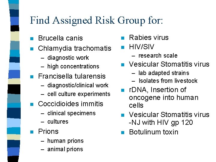 Find Assigned Risk Group for: n n Brucella canis Chlamydia trachomatis – diagnostic work