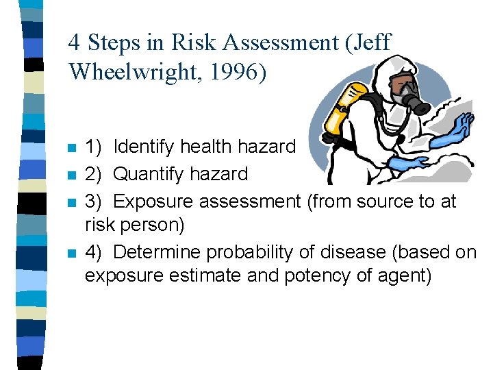 4 Steps in Risk Assessment (Jeff Wheelwright, 1996) n n 1) Identify health hazard