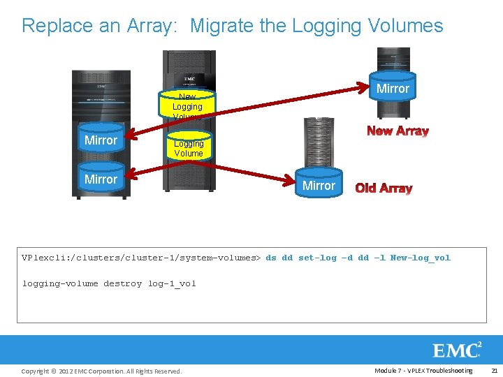 Replace an Array: Migrate the Logging Volumes Mirror New Logging Volume Mirror VPlexcli: /clusters/cluster-1/system-volumes>