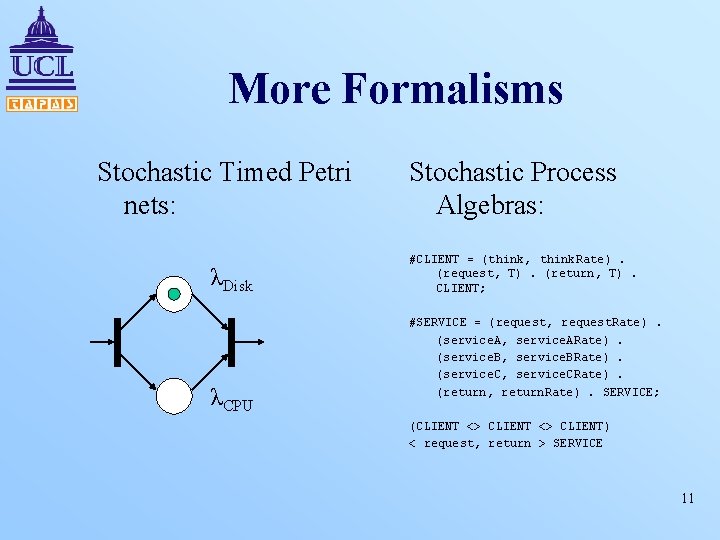 More Formalisms Stochastic Timed Petri nets: λDisk λCPU Stochastic Process Algebras: #CLIENT = (think,