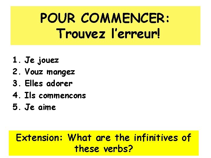 POUR COMMENCER: Trouvez l’erreur! 1. 2. 3. 4. 5. Je jouez Vouz mangez Elles