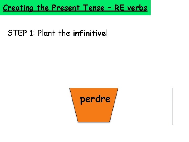 Creating the Present Tense – RE verbs STEP 1: Plant the infinitive! perdre 