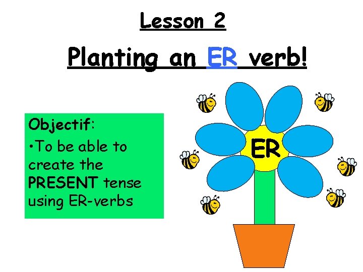 Lesson 2 Planting an ER verb! Objectif: • To be able to create the