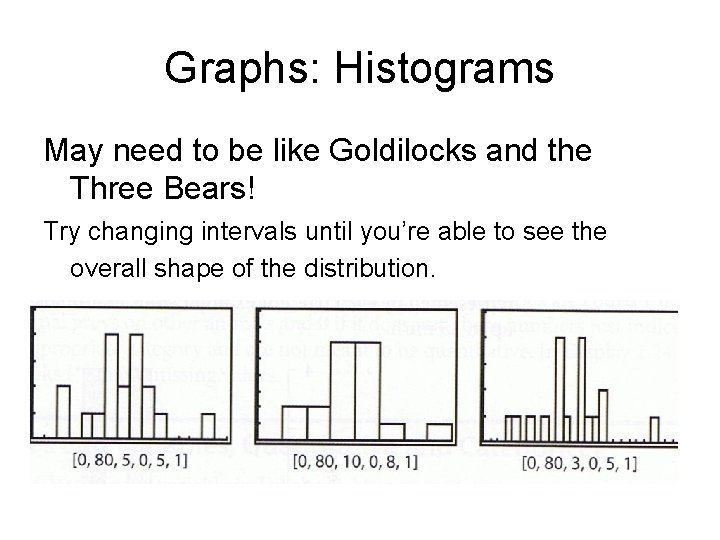 Graphs: Histograms May need to be like Goldilocks and the Three Bears! Try changing