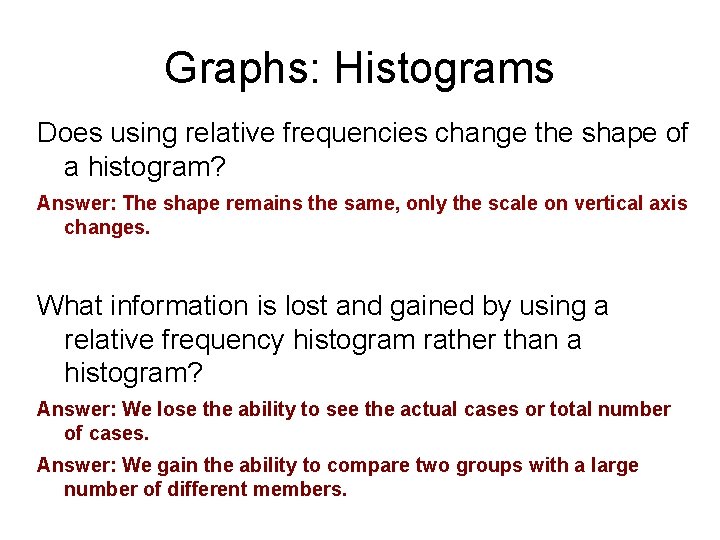 Graphs: Histograms Does using relative frequencies change the shape of a histogram? Answer: The