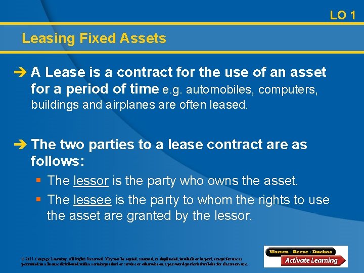 LO 1 Leasing Fixed Assets è A Lease is a contract for the use