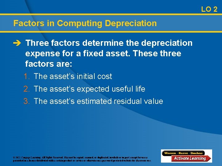 LO 2 Factors in Computing Depreciation è Three factors determine the depreciation expense for
