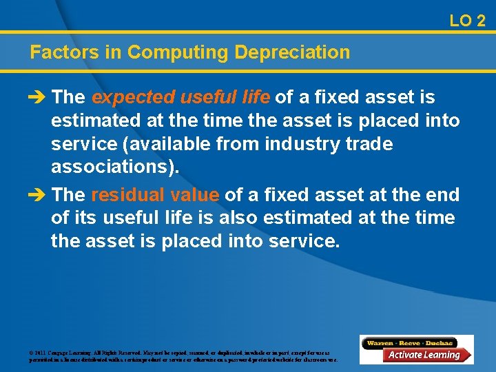 LO 2 Factors in Computing Depreciation è The expected useful life of a fixed