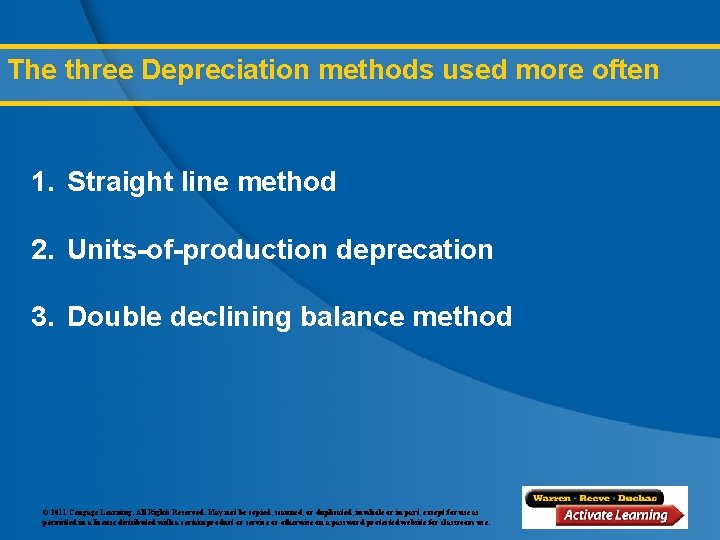 The three Depreciation methods used more often 1. Straight line method 2. Units-of-production deprecation