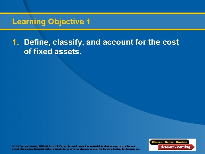 Learning Objective 1 1. Define, classify, and account for the cost of fixed assets.